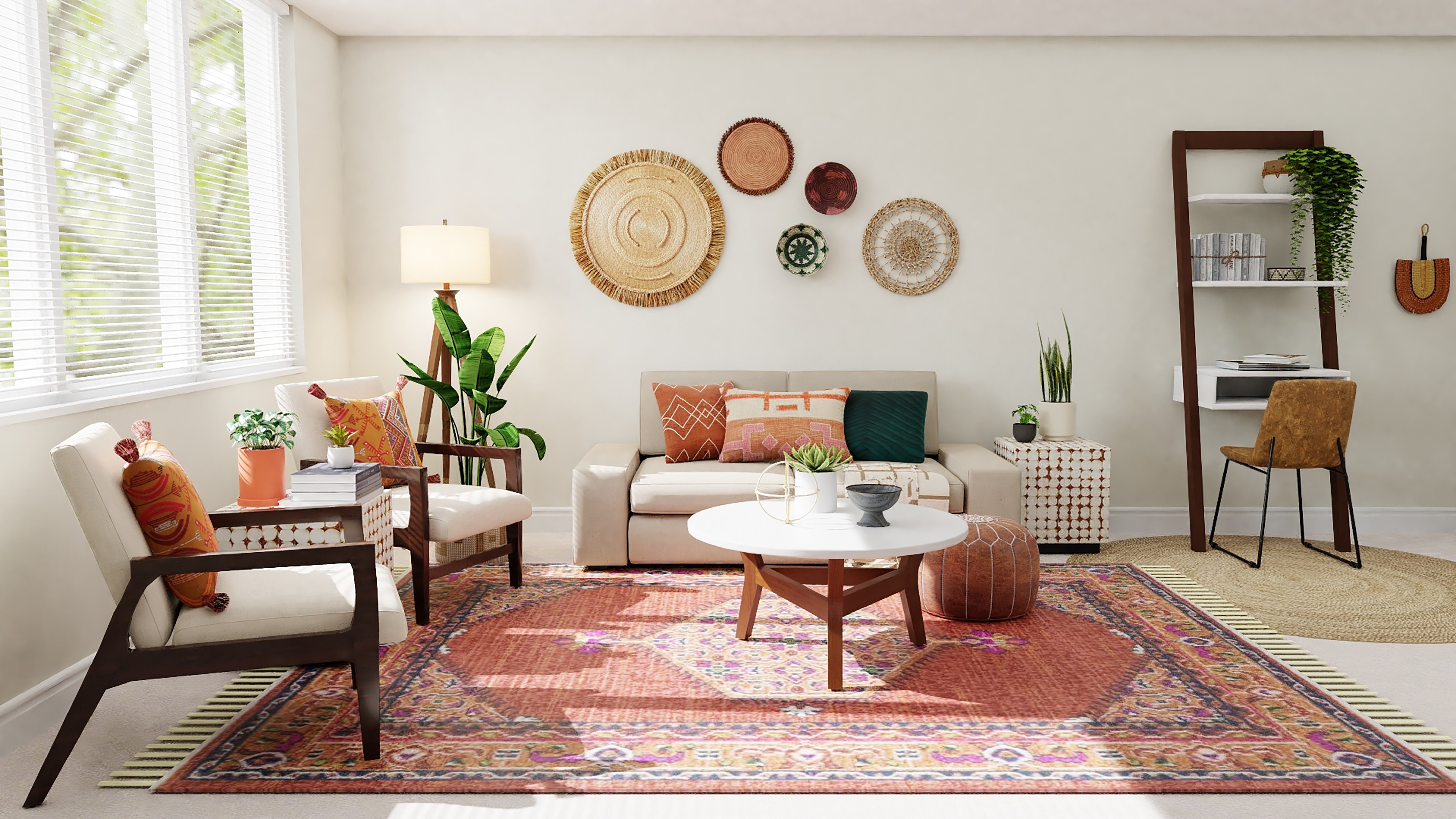 colorful living room with bright red rug and beige furniture