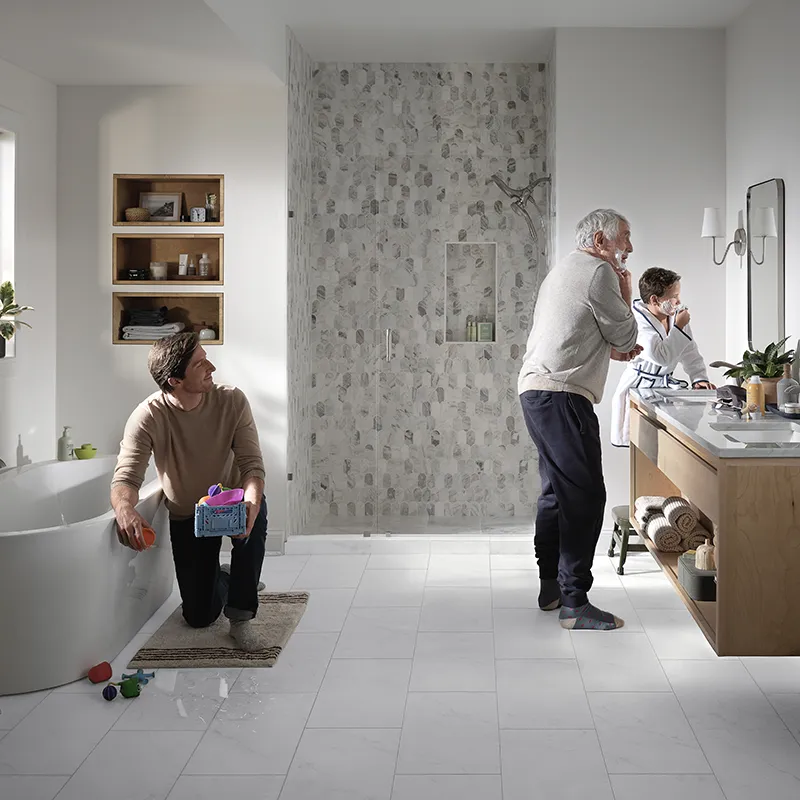 Bathroom with Vinyl Flooring 3 Generations teaching child how to shave | Howard-Carpenter Floor Covering
